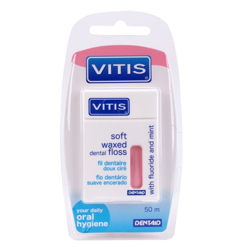 Нить межзубная в твердой упаковке Vitis Waxed Dental Floss with Fluoride and Mint 50 м